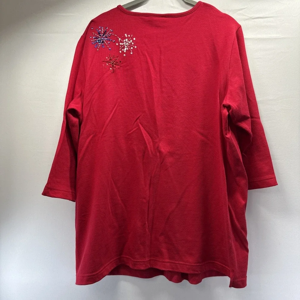 Quacker Factory Women's Top Size Large‎ Sequin Red Blue Fireworks Short Sleeve - Picture 4 of 9
